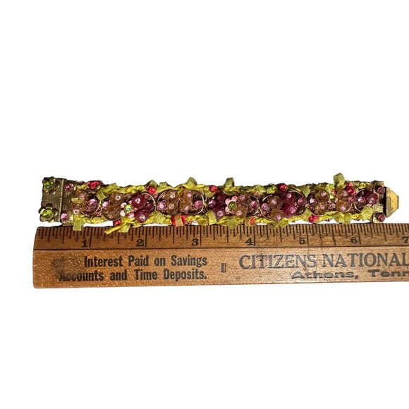 Vintage Beaded Bracelet With Brass Clasp Pink & Green Glass Beads Ribbon Details - Picture 3 of 10
